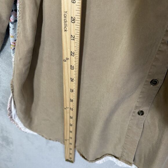 John Mark Top XL Tan Mixed Media Floral Long Sleeve  Boho Roll Tab Sleeve - Picture 6 of 8